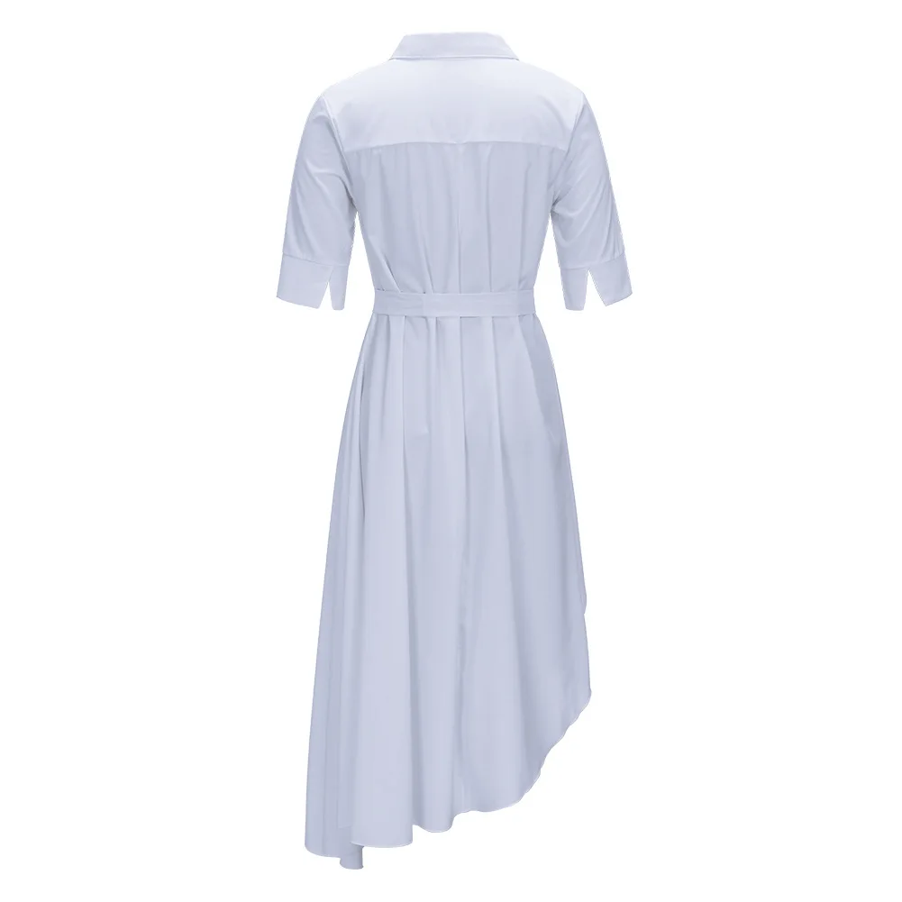 New Women Casual Elegant Short Sleeve Asymmetric Hem Flouncing High Waist Shirt Dress With Belt | Женская одежда