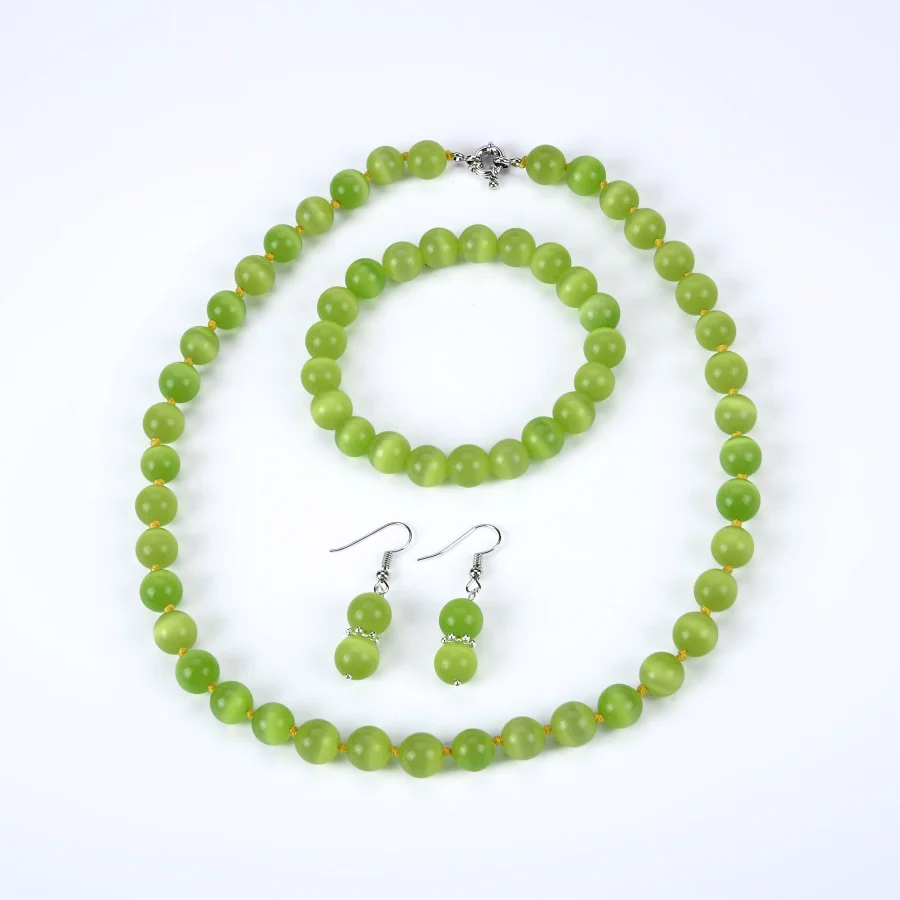 Light green 12 цветов, круглые бусины "кошачий глаз" из опала, 10 мм, Высококачественная цепочка, ожерелье, браслет, серьги для женщин, красивые ювелирные изделия, 18 дюймов - Окраска металла: Light green