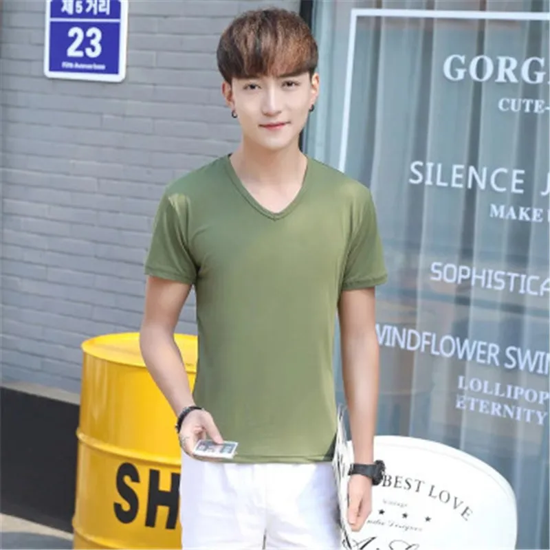 Summer new men's solid color short-sleeved V-neck T-shirt multi-color bottoming shirt t-shirt | Мужская одежда