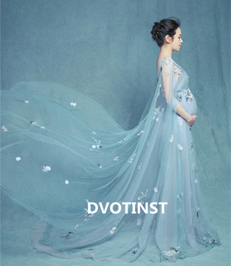 

Dvotinst Photography Props Maternity Dresses for Photo Shoot Pregnancy Dress Pregnant Blue Mesh Perspective Elegant Studio Props