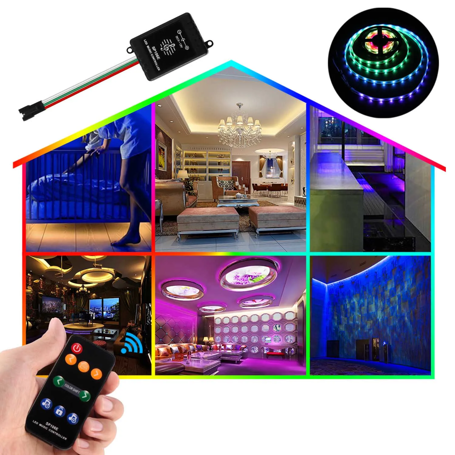 

LED Music Controller With 9 Keys Remote Controller Adjust Brightness For WS2811 Flexible LED RGB Strap DC 12V SP106E
