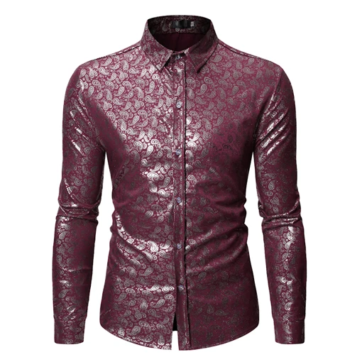 Wine Red Роскошная мужская рубашка с цветочным принтом пейсли, Бронзированная,, Весенняя Новинка, приталенная рубашка с длинным рукавом, мужские вечерние рубашки на свадьбу, выпускной - Цвет: Wine Red