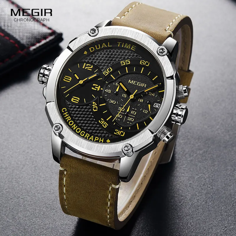 Мужские кварцевые часы MEGIR спортивные водонепроницаемые наручные с кожаным