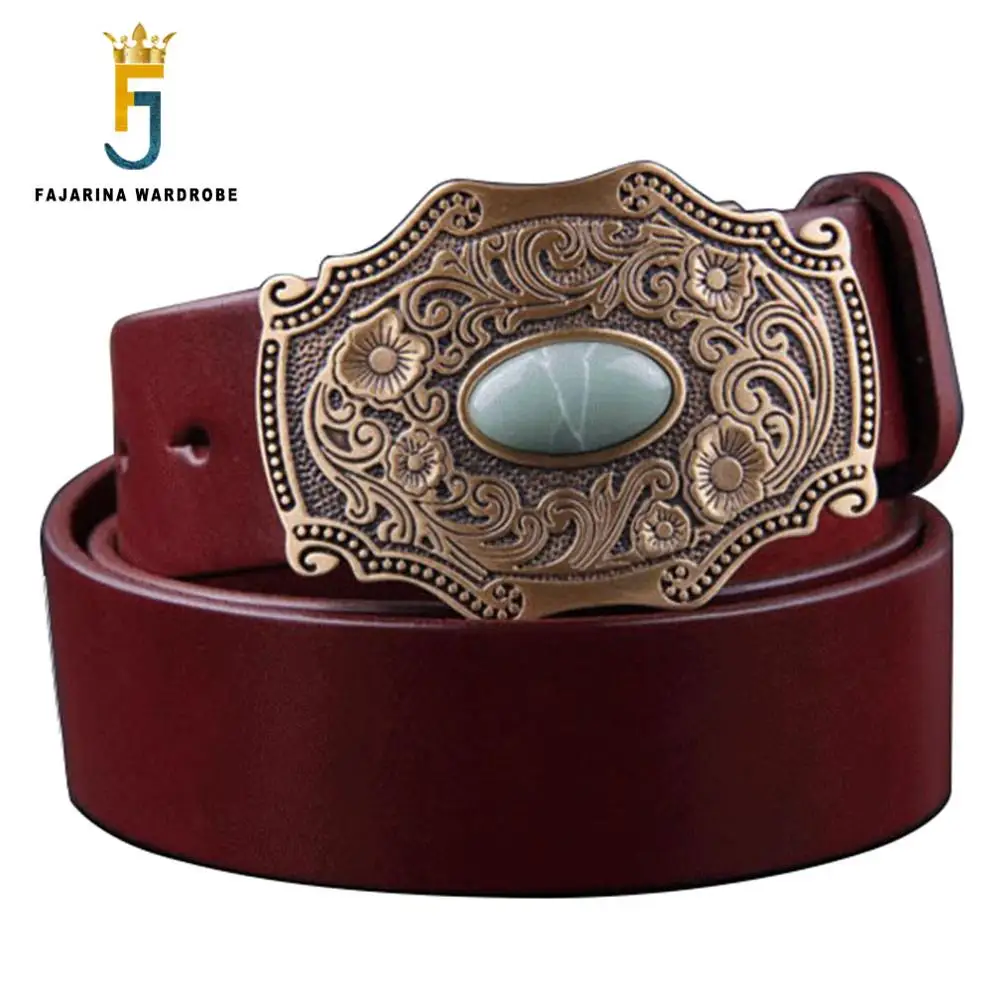 FAJARINA Men's Top Quality Cow Cowhide Leather Belt Unique Flower Jade Retro Brass Slide Buckle Metal Belts for Men N17FJ360