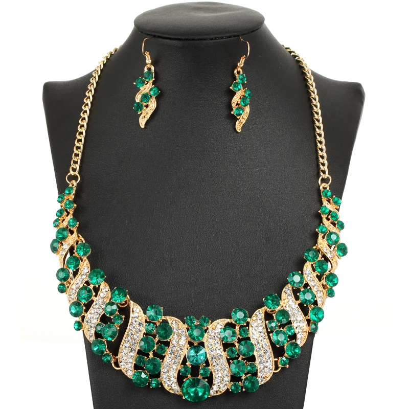 Роскошный зеленый страз кристалл короткое колье себе ожерелье серьги обручение драгоценный камень Ювелирные наборы для женщин
