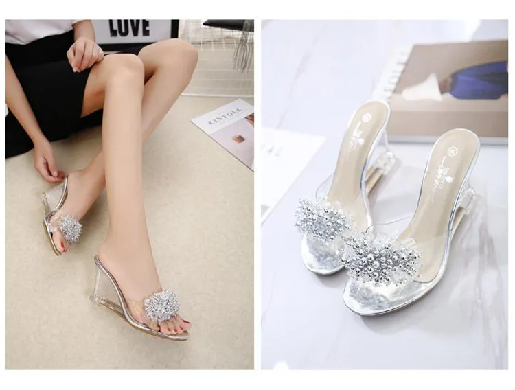 Для женщин сандалии босоножки на прозрачном каблуке; Для женщин сандалии со стразами Босоножки на танкетке пикантная обувь с украшением в виде кристаллов Стекло Стразы дамские сандалии Большие размеры