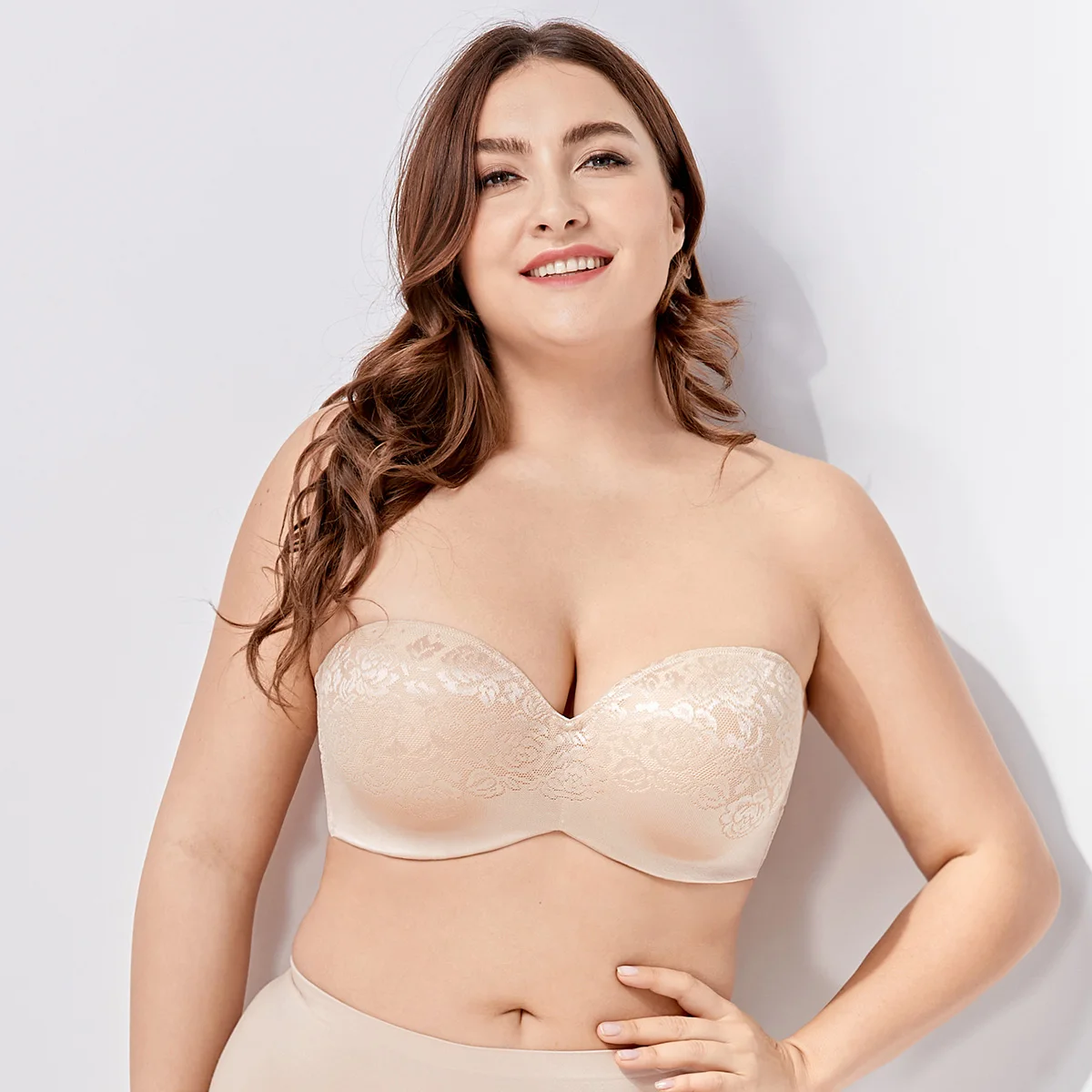 Beige02 Женский бюстгальтер на косточках с мягкими чашечками, бесшовный кружевной бюстгальтер без бретелек размера плюс - Цвет: Beige02