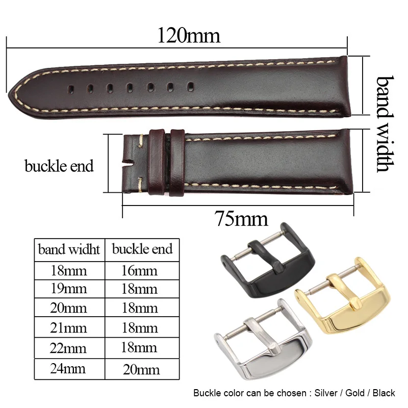 Genuine Leather Watch Band Strap Black Dark Brown 18 19 20 21 22 24mm Watchbands Men Women  Polished Buckle Relojes Hombre