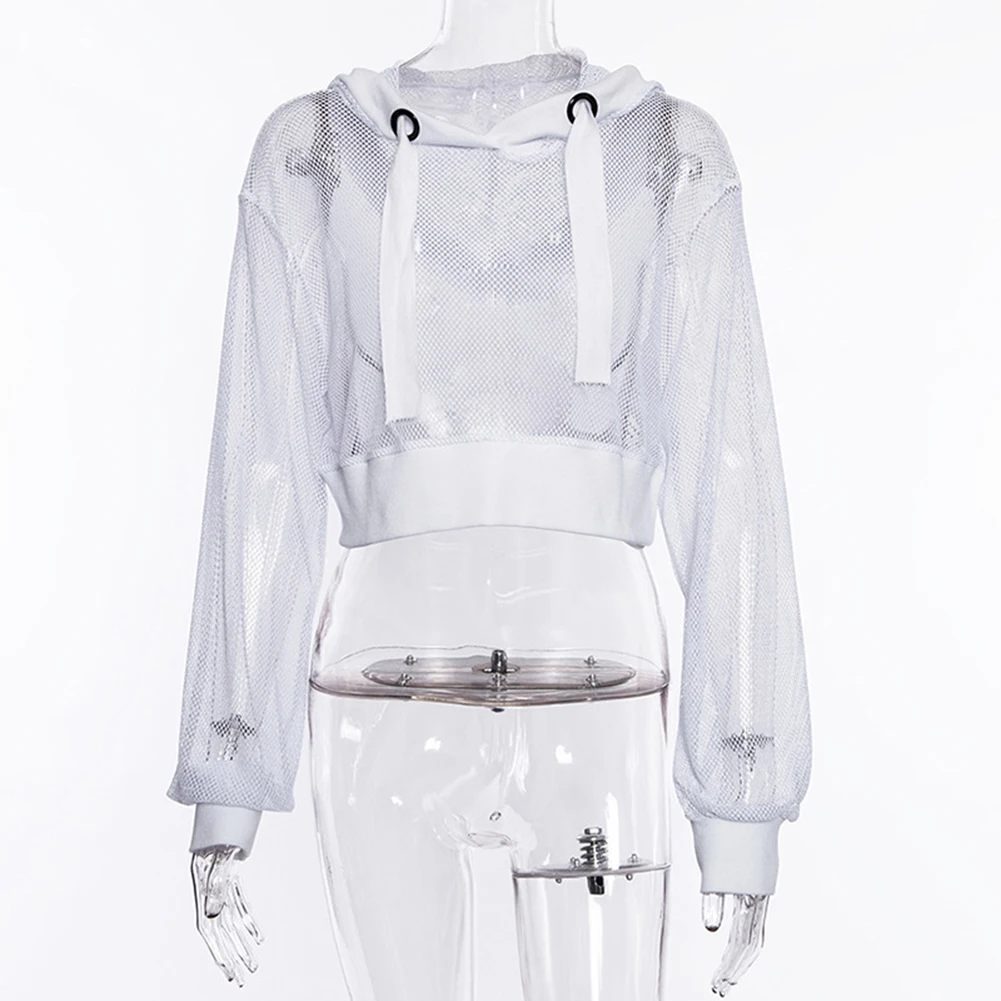Long Sleeve Sweatshirt Women Mesh Top Hooded Hollow Out Sexy Punk Rock Short Crop White Sweat Shirt Fishnet Black | Женская одежда
