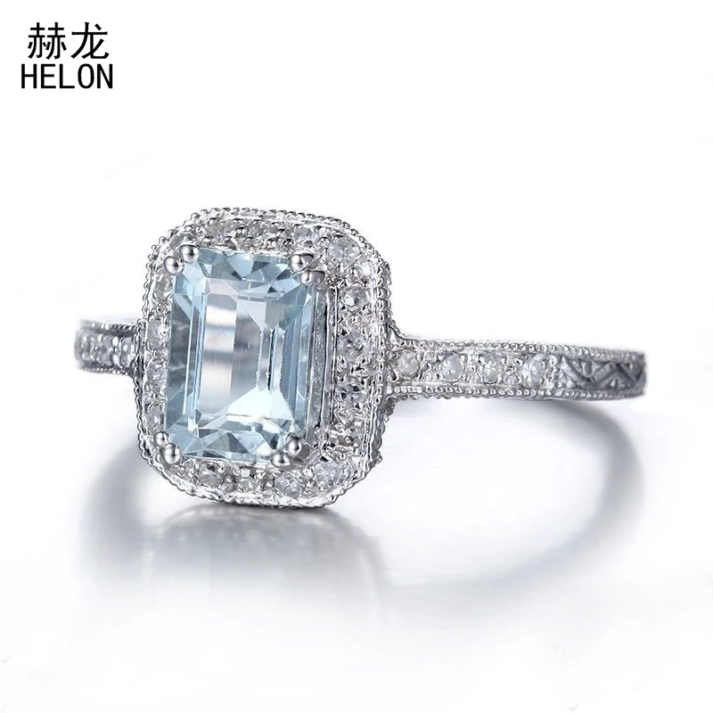 Одноцветное 10K белое золото безупречное Изумрудное кольцо 7x5 мм 1.23ct Аквамарин