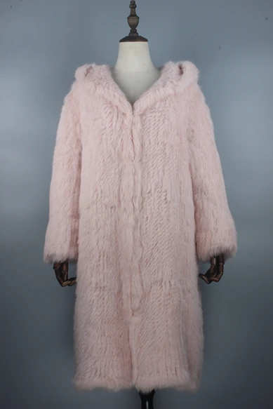 pink Женское вязаное натуральное пальто из натурального кроличьего меха, пальто, куртки, одежда с капюшоном, длина 140 см - Цвет: pink