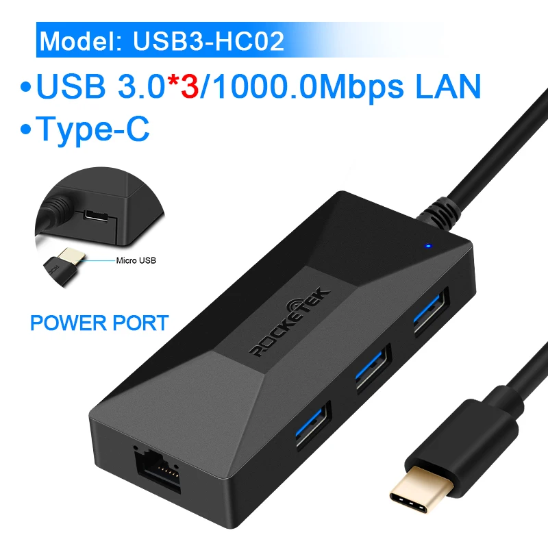Rocketek USB гигабитный Ethernet адаптер 1000 Мбит/с Тип c концентратор 3,0 Lan для Xiaomi Mi Box 3/S Android tv телеприставка сетевая карта Rj45 - Цвет: USB3-HC02