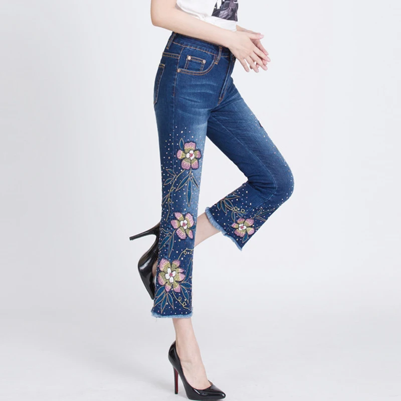Брендовые вышитые брюки 2019 женские джинсы ручной работы с высокой талией