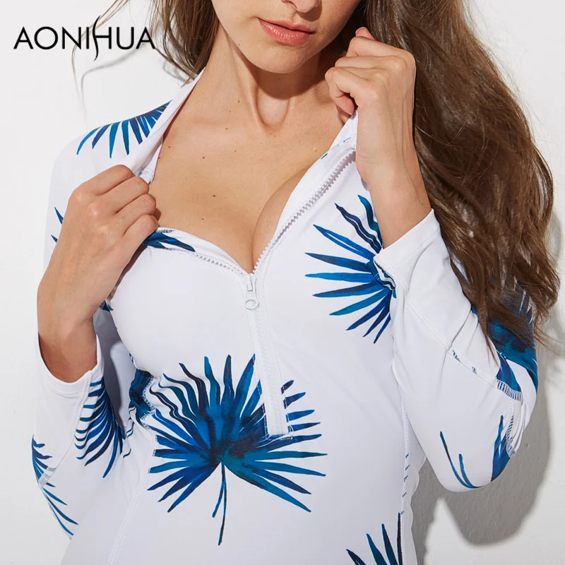 Aonihua 2018 Спорт Одна деталь серфинг купальники Для женщин передняя молния