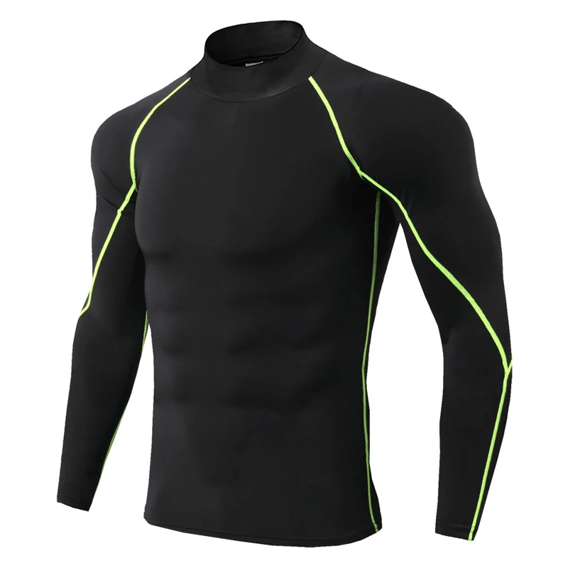 Black-Green LineTC57 Спортивная мужская рубашка для бега, Рашгард, мужские рубашки со стоячим воротником для спортзала, сухая футболка для спортзала, Спортивная футболка с длинным рукавом, мужская спортивная футболка - Цвет: Black-Green LineTC57