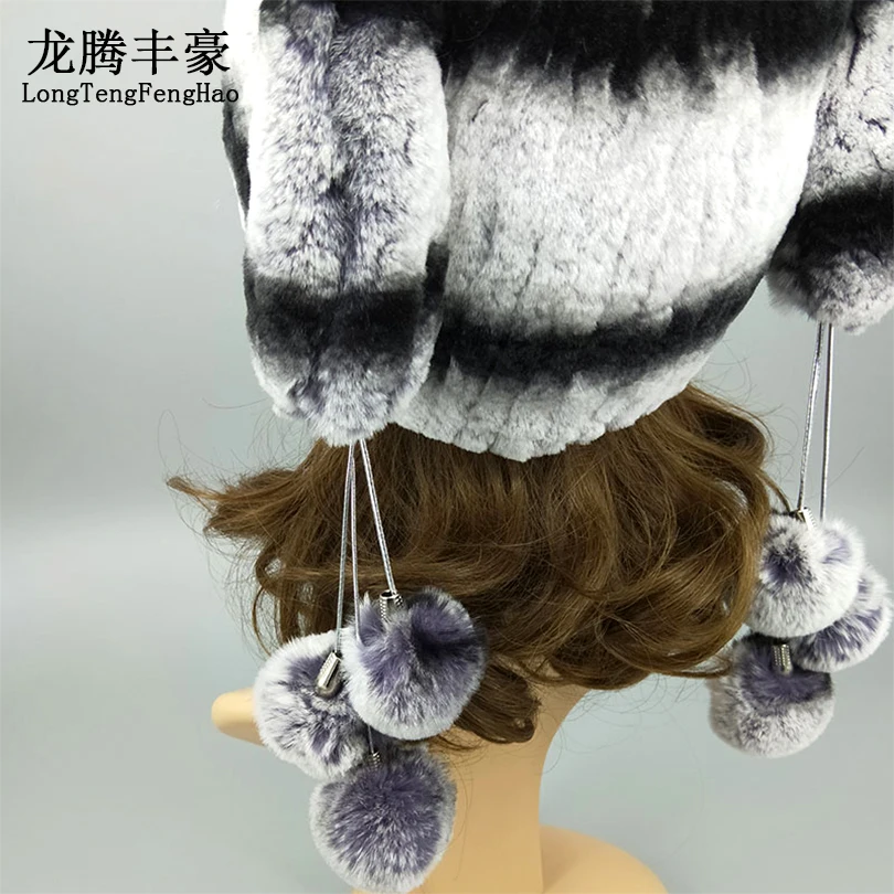 

Cute Winter Women's Cap Real Rabbit Knitted Hat With Horned Owl Pompom Causal Female Beanies Rex Rabbit Fur Caps For Girls