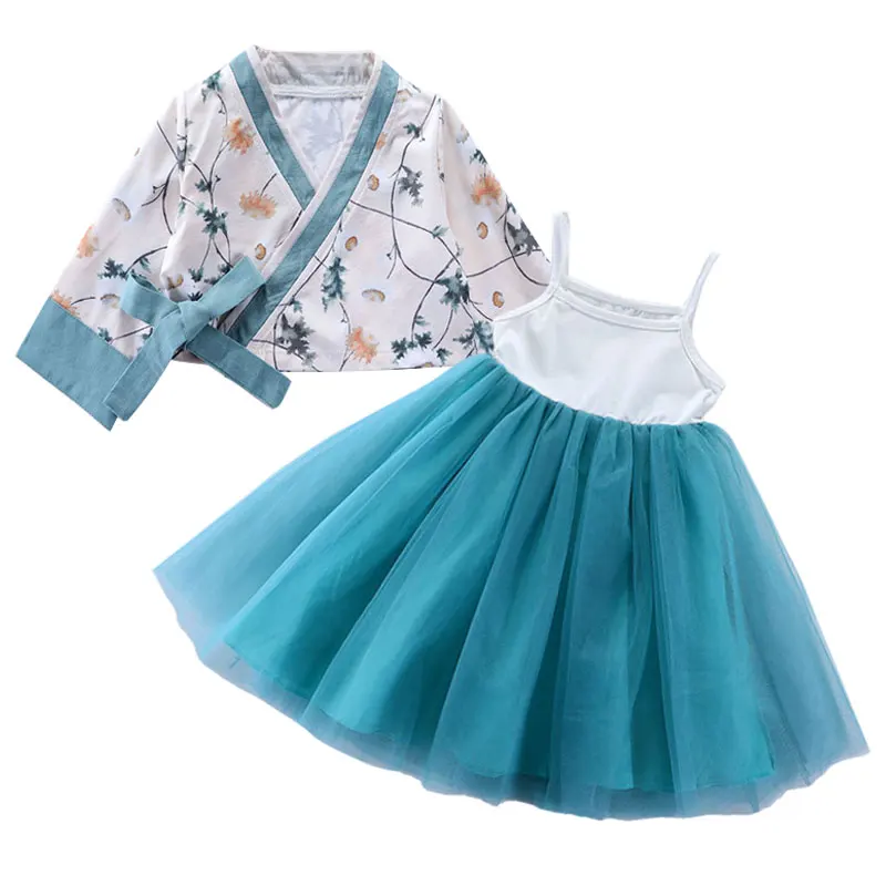 Hanfu/комплект одежды для девочек, коллекция года, новое весеннее детское пышное платье принцессы с длинными рукавами+ пальто, костюмы из 2 предметов для девочек, китайский style2-10T