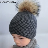 winter hat for kids baby skullies beanies real raccoon fur pompom hat boy and girls warm beanie hat cap for kids