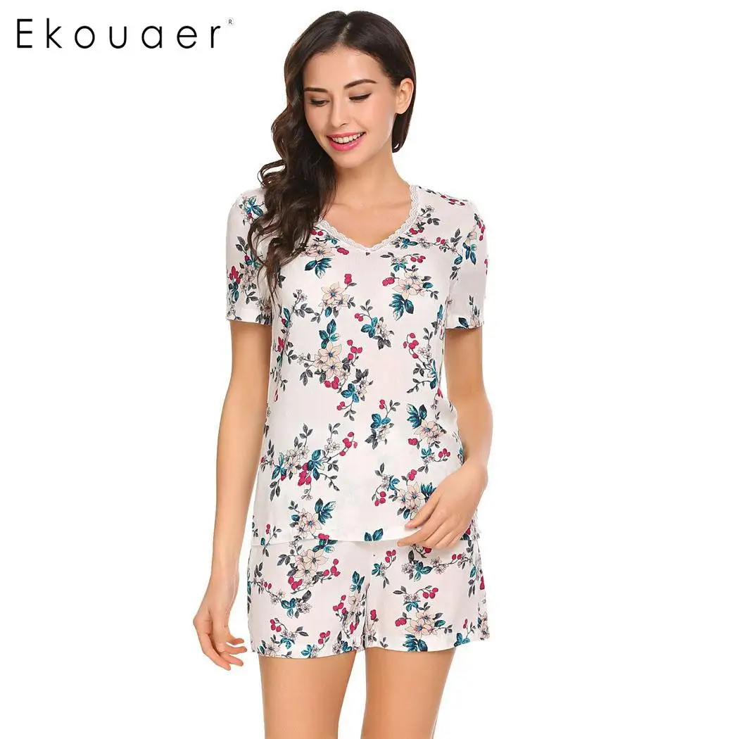 Женский пижамный комплект Ekouaer футболка с коротким рукавом и шорты цветочным