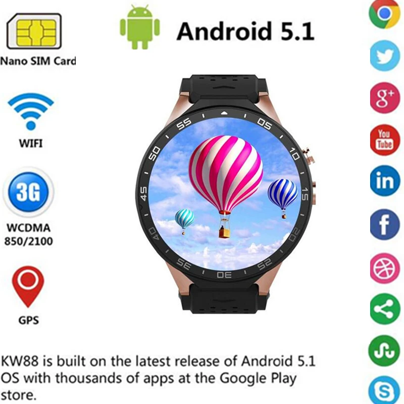 Оригинальный KingWear KW88 Android 5 1 39 ''Экран 3g Smartwatch телефон MTK6580 4 ядра 512 GB gps Шагомер