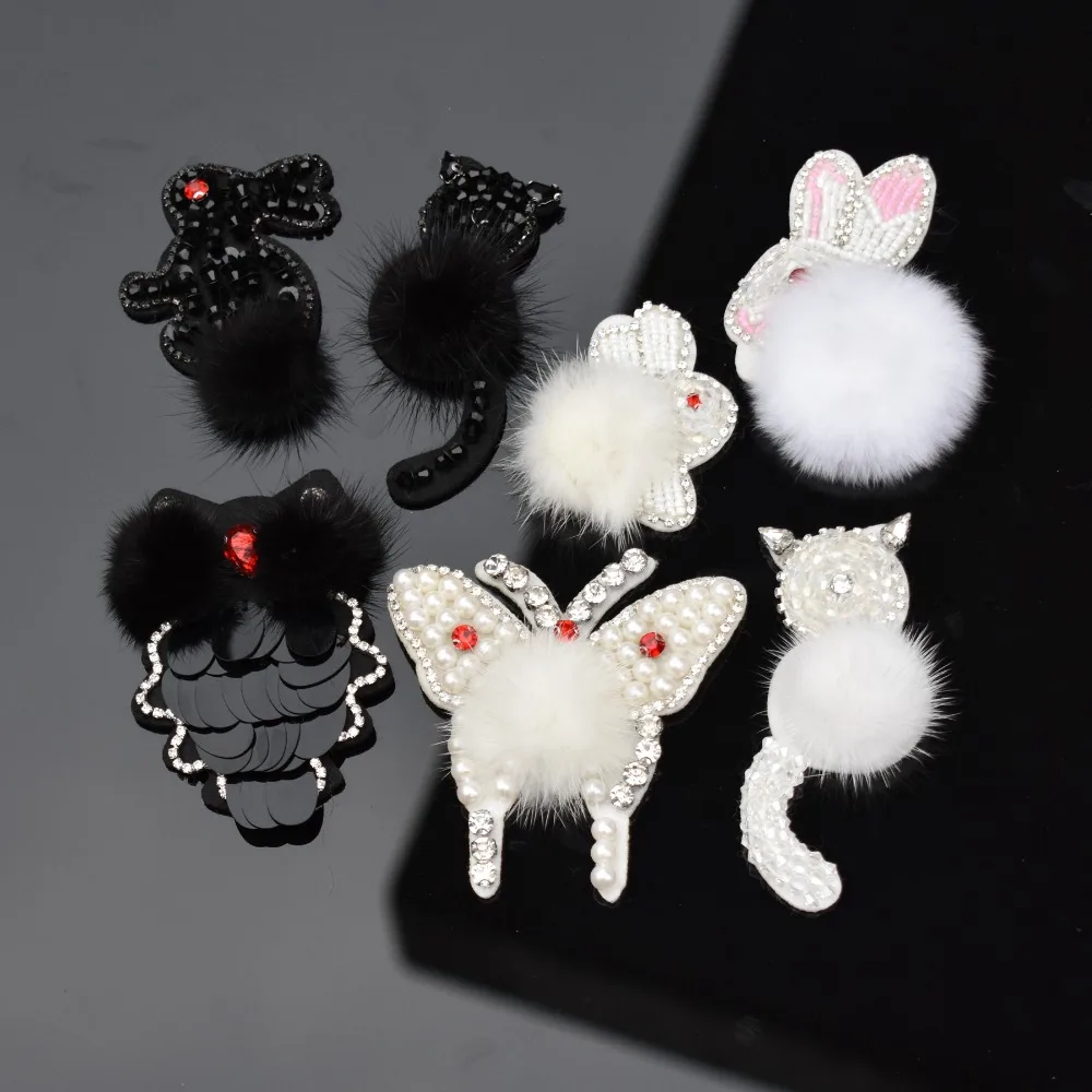 Нашивка из кроличьего меха с бусинами и цветами нашивки блестками в виде совы