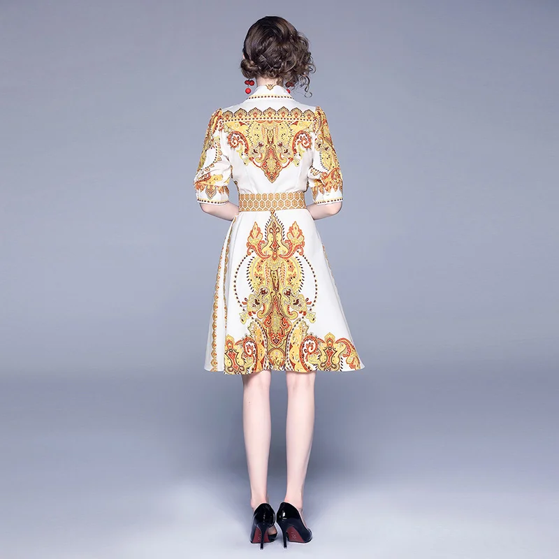 

New summer retro print bubble sleeve waist yellow dress Designer Dresses Runway casual female dress