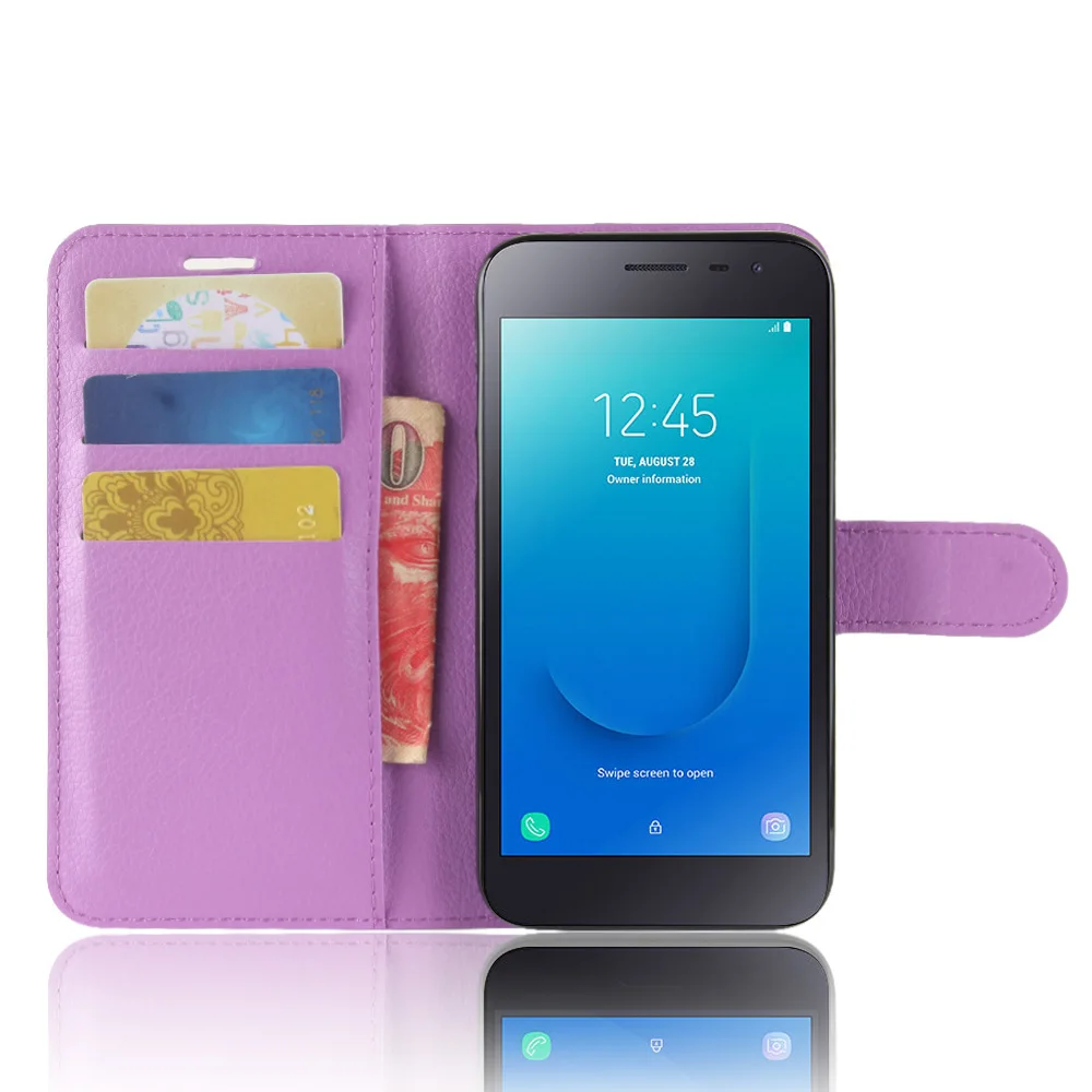 Фиолетовый Чехол J260 для samsung Galaxy J2 Core, чехол s, кошелек, карта, Стент, книга, стиль, флип, кожаный, защитный чехол, черный, J260A SM J2Core J 260 - Цвет: Фиолетовый