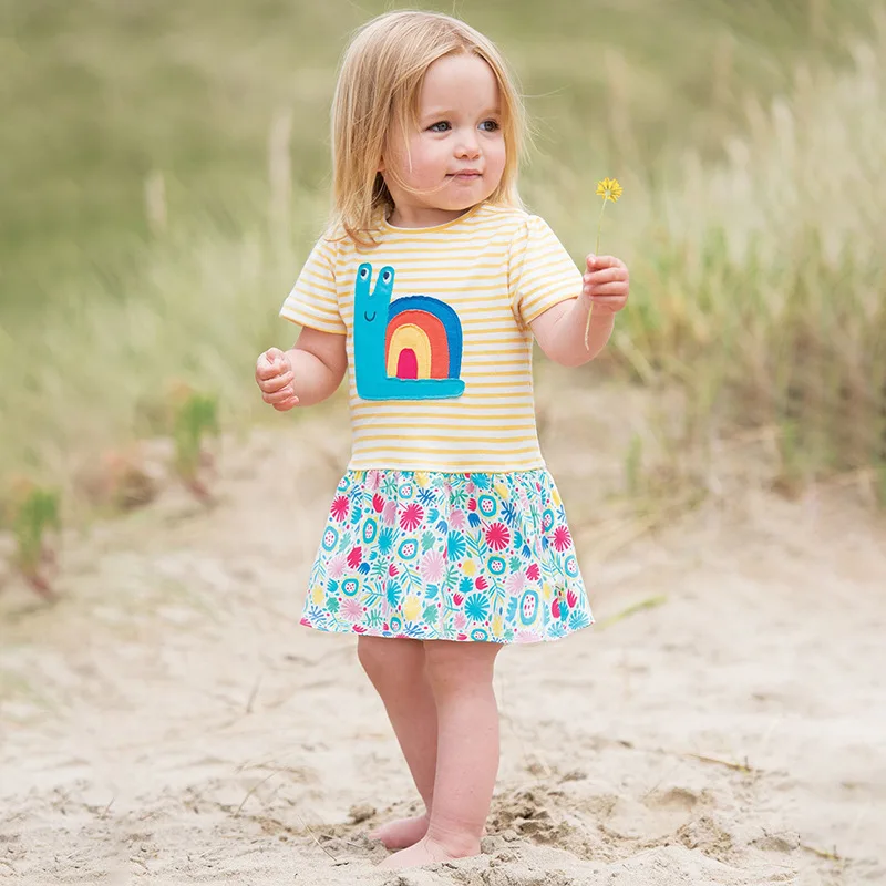 Little Maven/Новая летняя детская одежда желтое Полосатое платье с аппликацией и