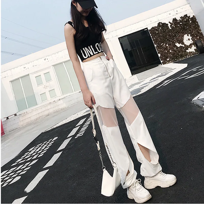 Mesh Loose Stitching Pants White Loose Harajuku BF Cargo Pants Summer Hollow Out women high waist pants joggers baggy trousers