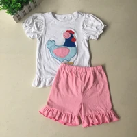 puresun factory wholesale hot sale summer design girl chicken applique white t shirt with pink ruffle shorts children clothing