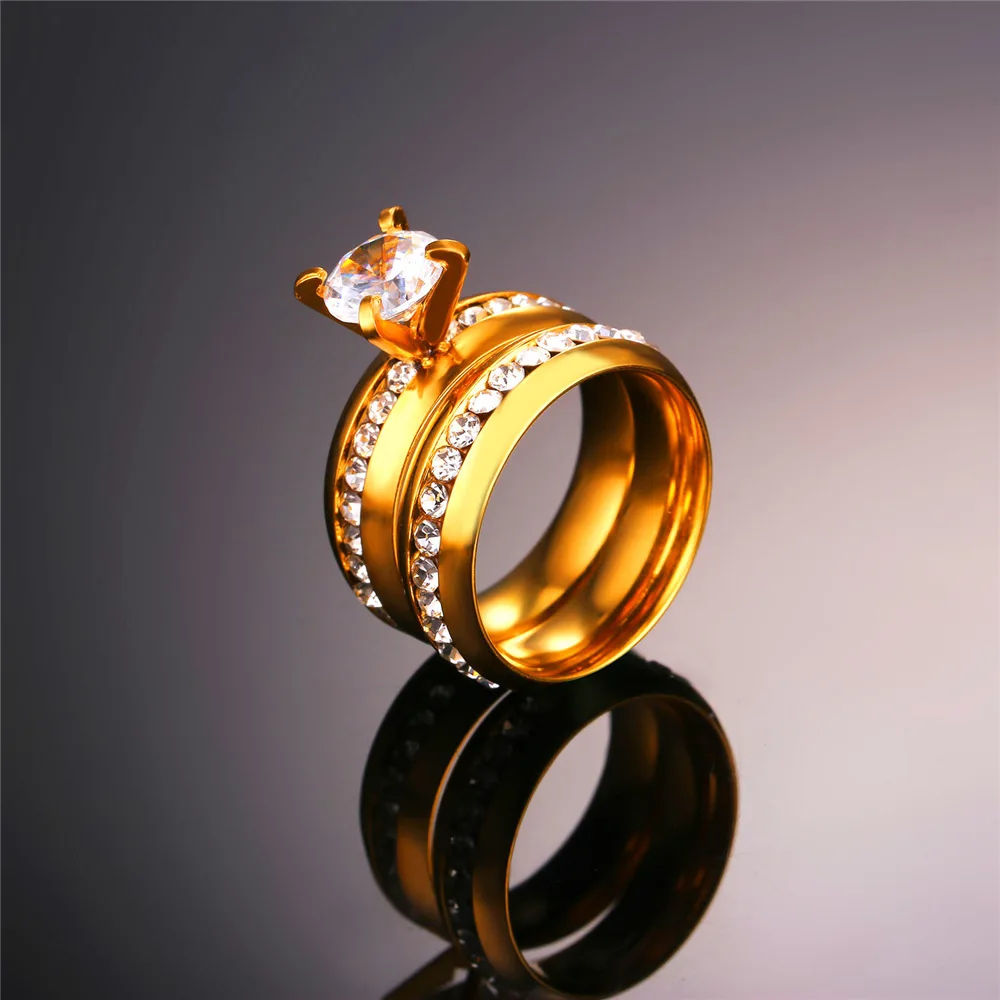 Women Wedding Ring Sets For Lovers Couple Rings Crystal Rhinestone yellow Gold Color Stainless Steel Wholesale R1314 | Украшения и