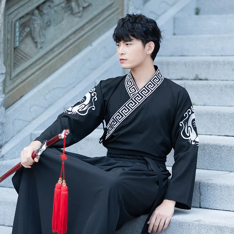 Hanfu мужской черный китайский костюм традиционный Древний Династия Цин мужской сценический наряд Национальный фольклор шоу одежда DNV11617
