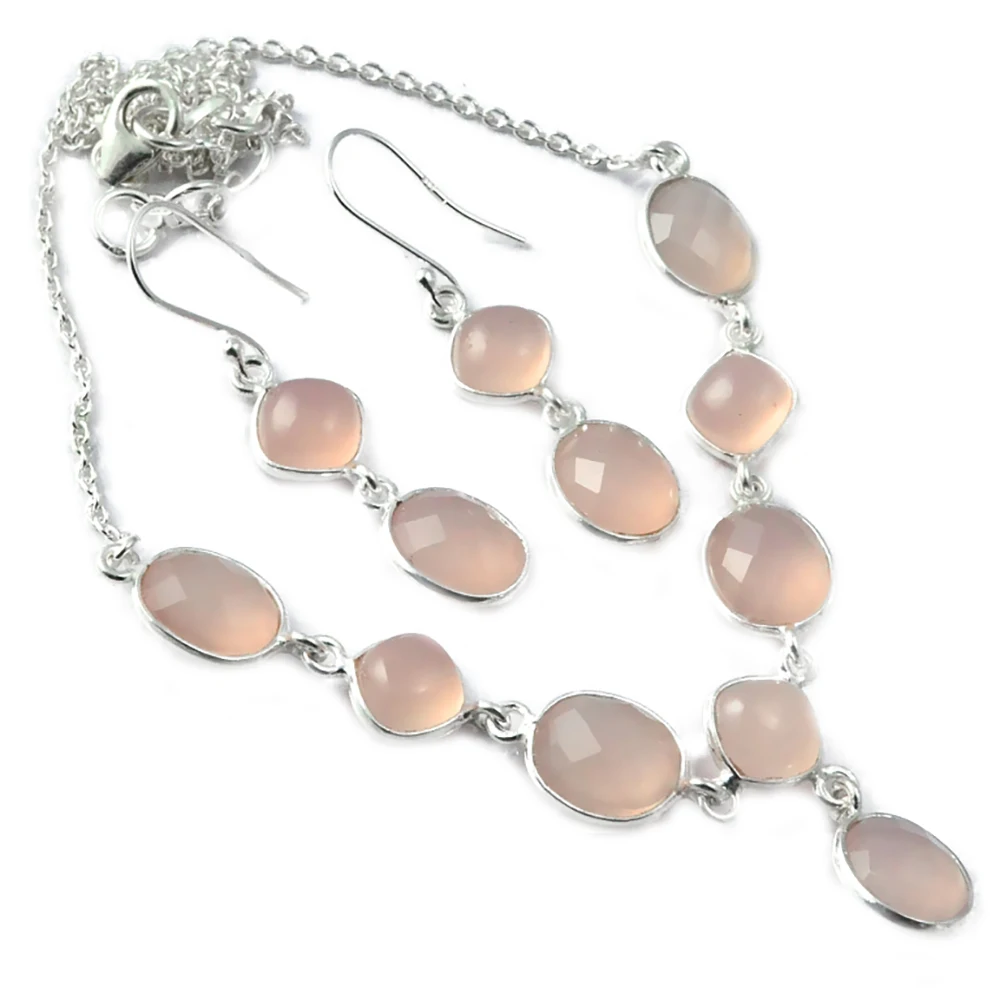 

Genuine Rose Quartz Earings Necklace set 925 Sterling Silver,46.5 cm, MHBNE0061