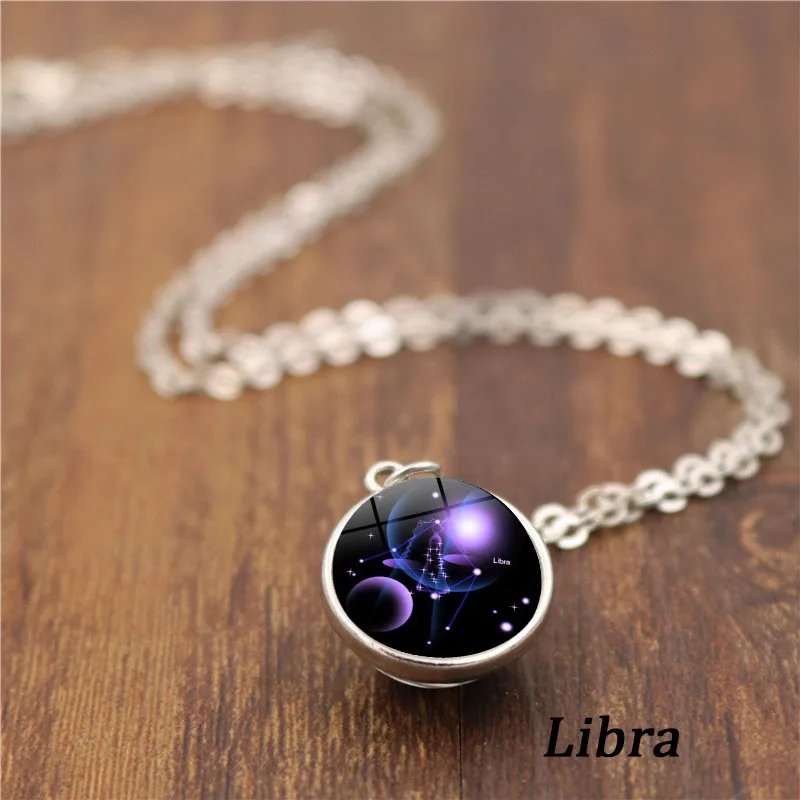Libra 12 Созвездие двухсторонний шар стеклянный кулон ожерелье Знак зодиака персонализированные ювелирные изделия Серебряная цепочка Ожерелье для мужчин и женщин Подарки - Окраска металла: Libra