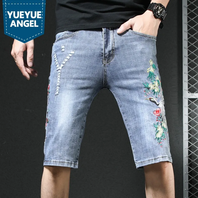 

Summer Embroidery Dragon Denim Shorts Men Vintage Personalized Stretch Frayed Knee-Length Jeans Fashion Straight Hot Pants