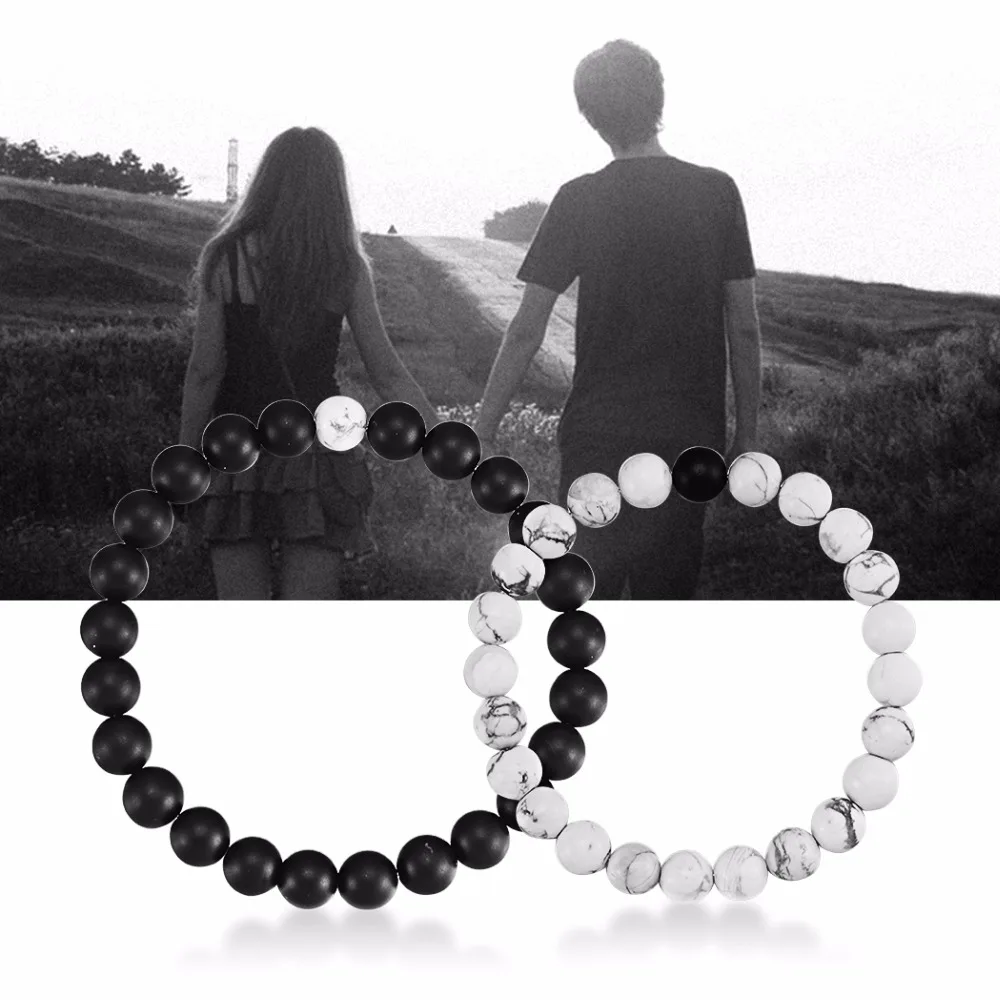 

1 pair Fashion Black and white Natural Stones Lava Beads Couples Bracelets Yin Yang Lovers' Bracelets For Men Women Lovers'