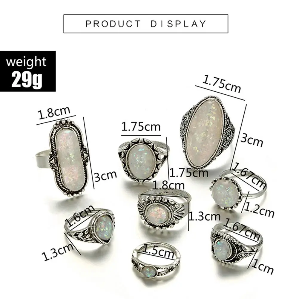 mrwonder 8pcs/set Geometric Pattern Crystal Rings Set Simulate Opal for Women Party Supplies san0 | Украшения и аксессуары