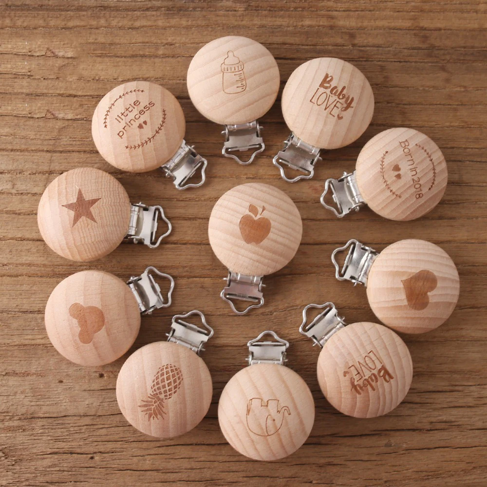 

1pc Beech Printed Pacifier Clip Making Wooden Soother Clip Nursing Accessories Diy Dummy Clip Chains Wooden Baby Teether 35*49mm