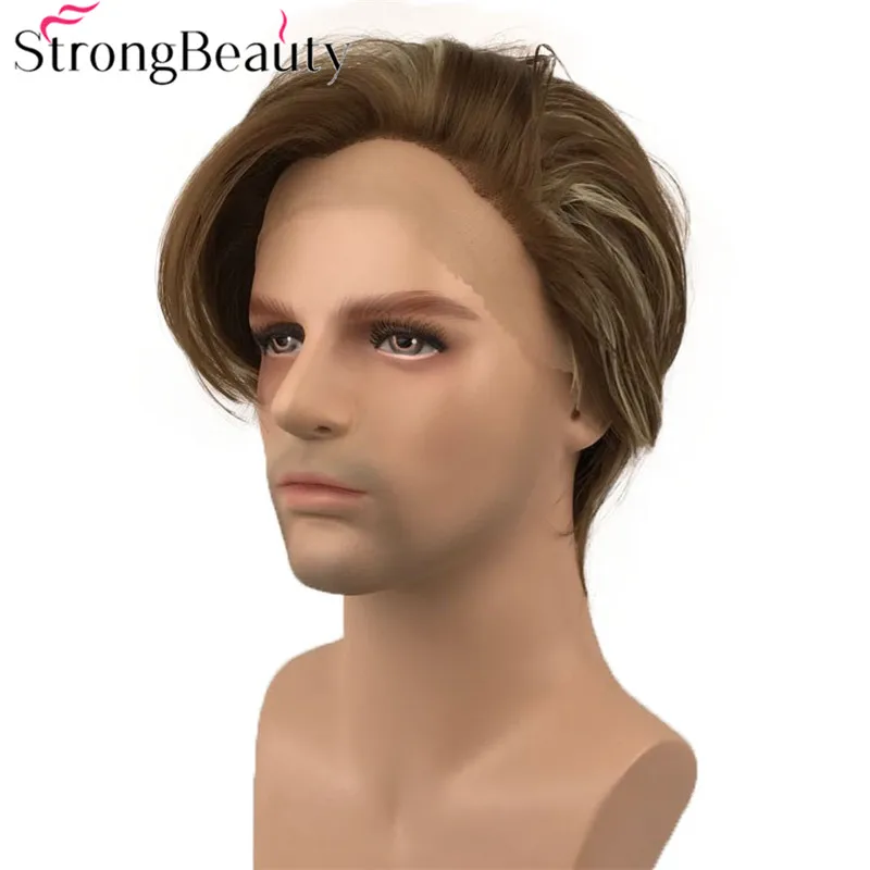 StrongBeauty Synthetic Lace Front Wig Medium Length Natural Straight Wigs Grey White/Brown Hair | Шиньоны и парики