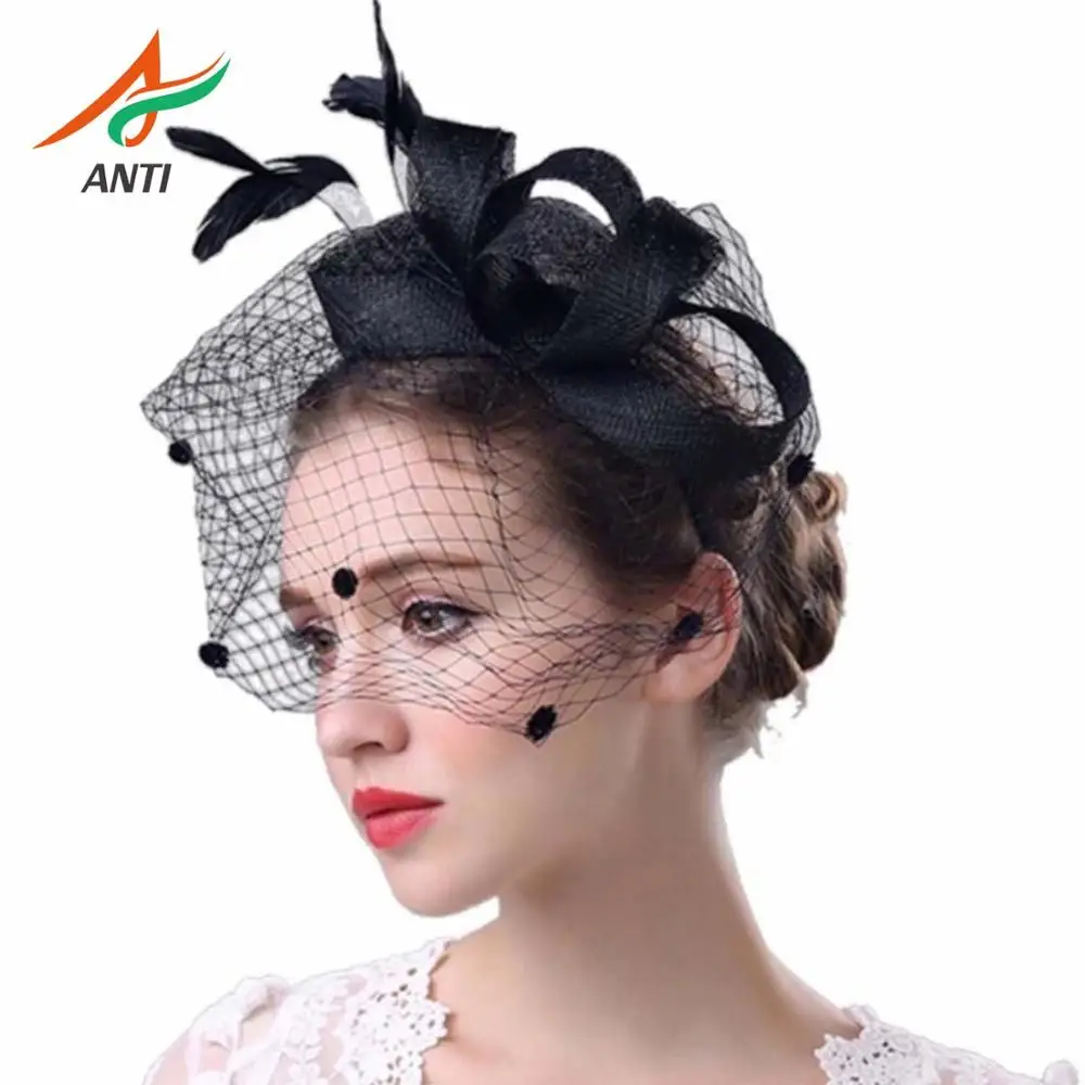 

ANTI Hot selling Fashion Women Fascinator Penny Mesh Hat Ribbons And Feathers Wedding Hat 7.3 pamelas y tocados para bodas gelin