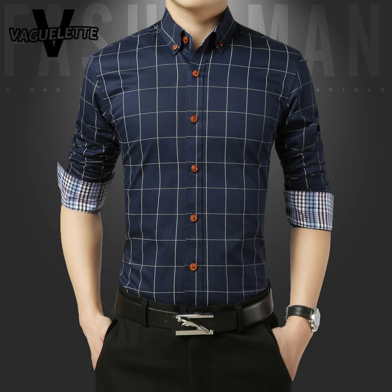100% Хлопок Плед Camisa Slim Fit Masculina Хаки Королевский Синий плюс Размер Человек Рубашки