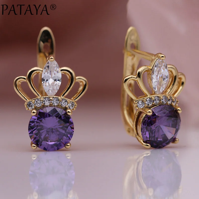 PATAYA, новинка 328, юбилейная Корона, висячие серьги, Круглые, темно-синие, натуральный циркон, полые серьги, 585, розовое золото, вечерние, модные ювелирные изделия