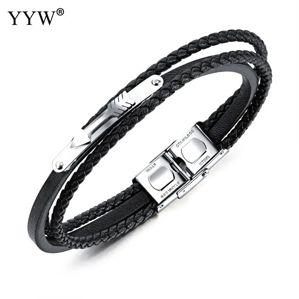 2021 New Bracelet Men Punk Style Stainless Steel Black Color Leather for Jewelry Braid Chain Beads Male Accessories | Украшения и