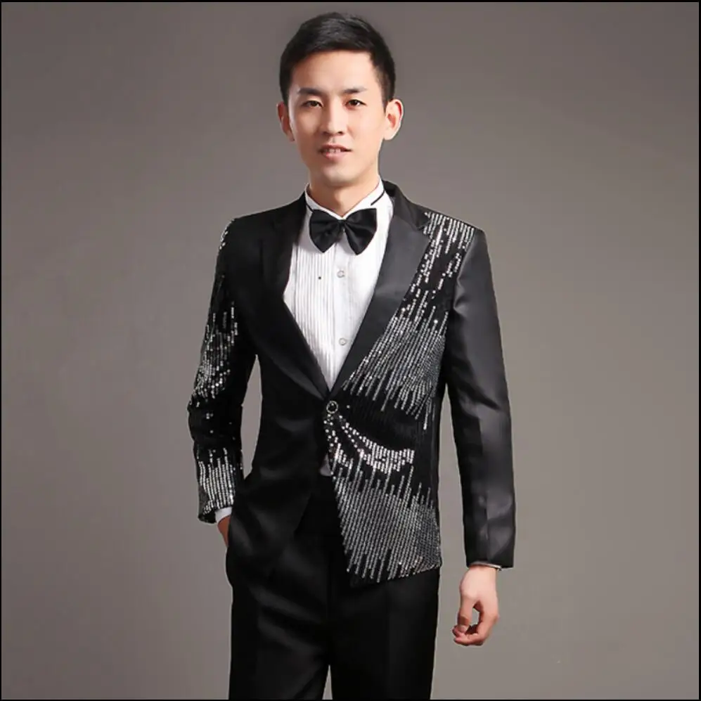 Костюм с блестками (пиджак + брюки рубашка галстук ремень) Мужской Блейзер