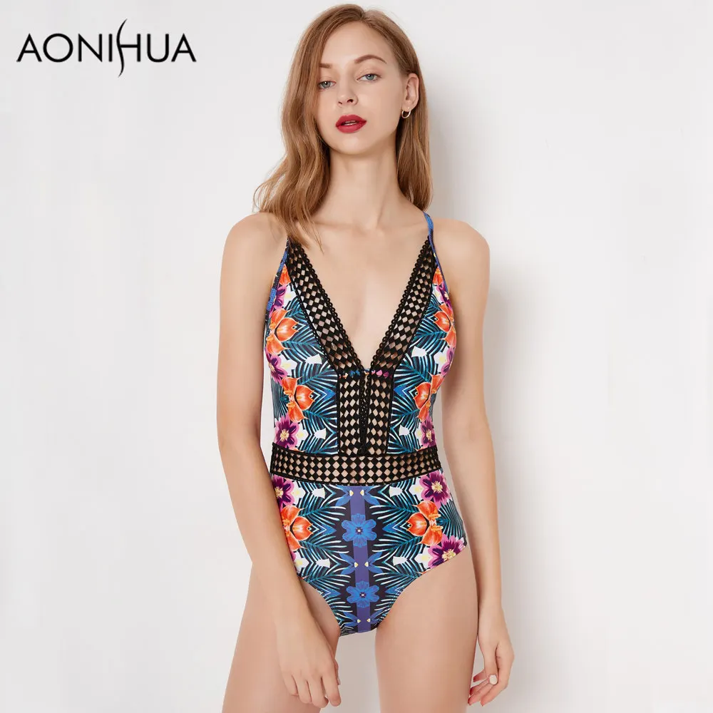 

Сексуальный слитный купальник AONIHUA, женский купальный костюм с высоким вырезом, пуш-ап, открытой спиной, цветочным принтом, без рукавов, купа...