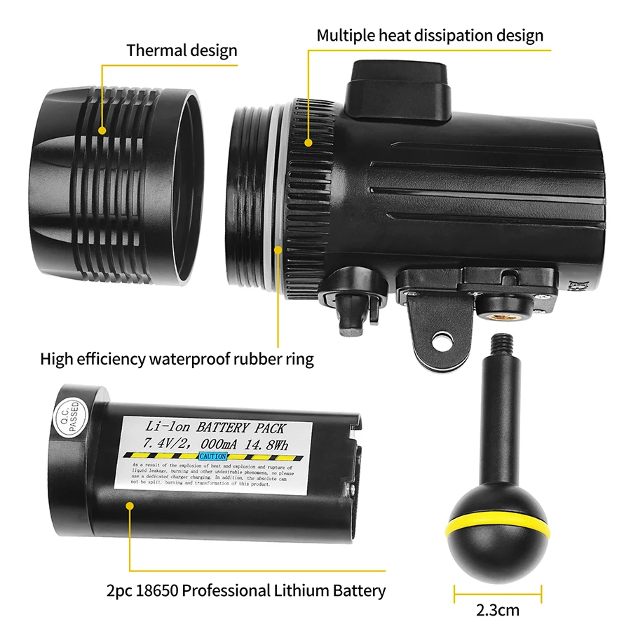 Портативный фонарик для подводной съемки 6 * CREE XM-L R3 подсветка 1500 люменов 60 м
