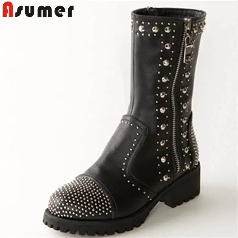 

ASUMER 2022 NEW fashion punk ankle boots for women rivet genuine leather boots round toe square low heels zip female boots