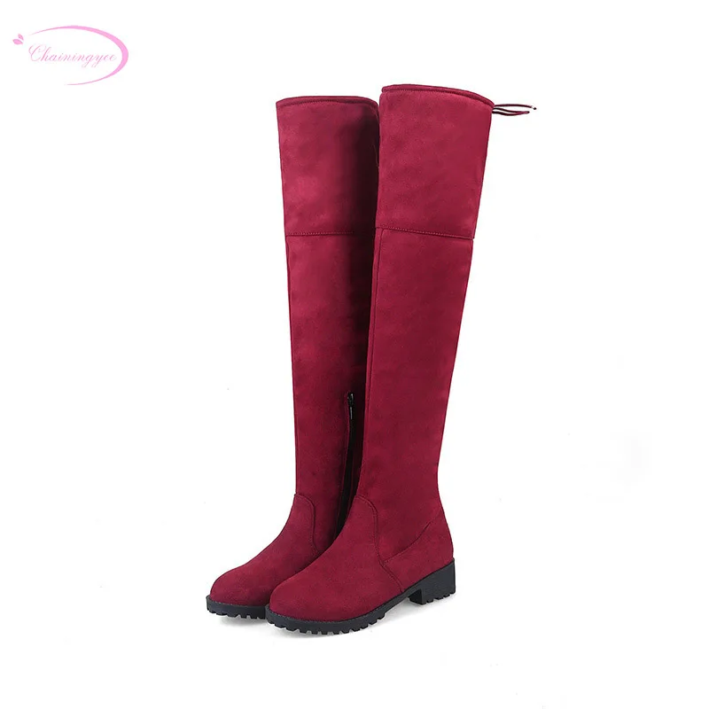 

Chainingyee street style round toe over knee high boots zipper lace-up stretch black red green med heels women's riding boots