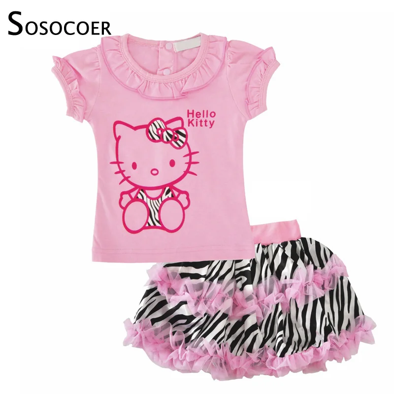 

SOSOCOER Girls Clothing Set Cartoon Cat T Shirt Leopard Zebra Skirt Summer Children Clothing Outfits Kids Girls Clothes Sets