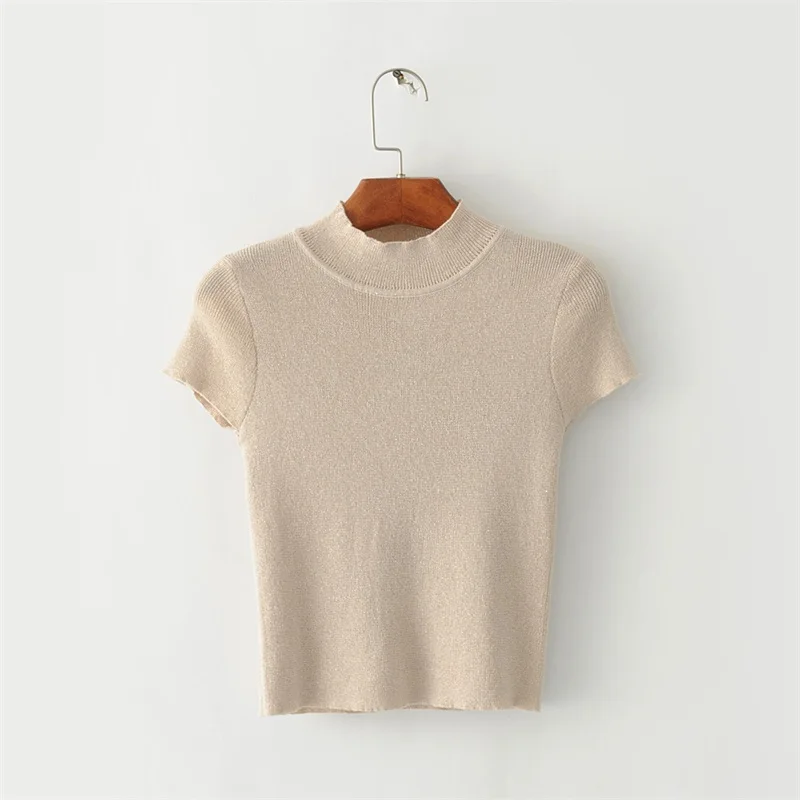 glitter beige Женская водолазка укороченный вязаный Топ маленькая трикотажная футболка с высоким воротом с коротким рукавом трикотажная футболка - Цвет: glitter beige
